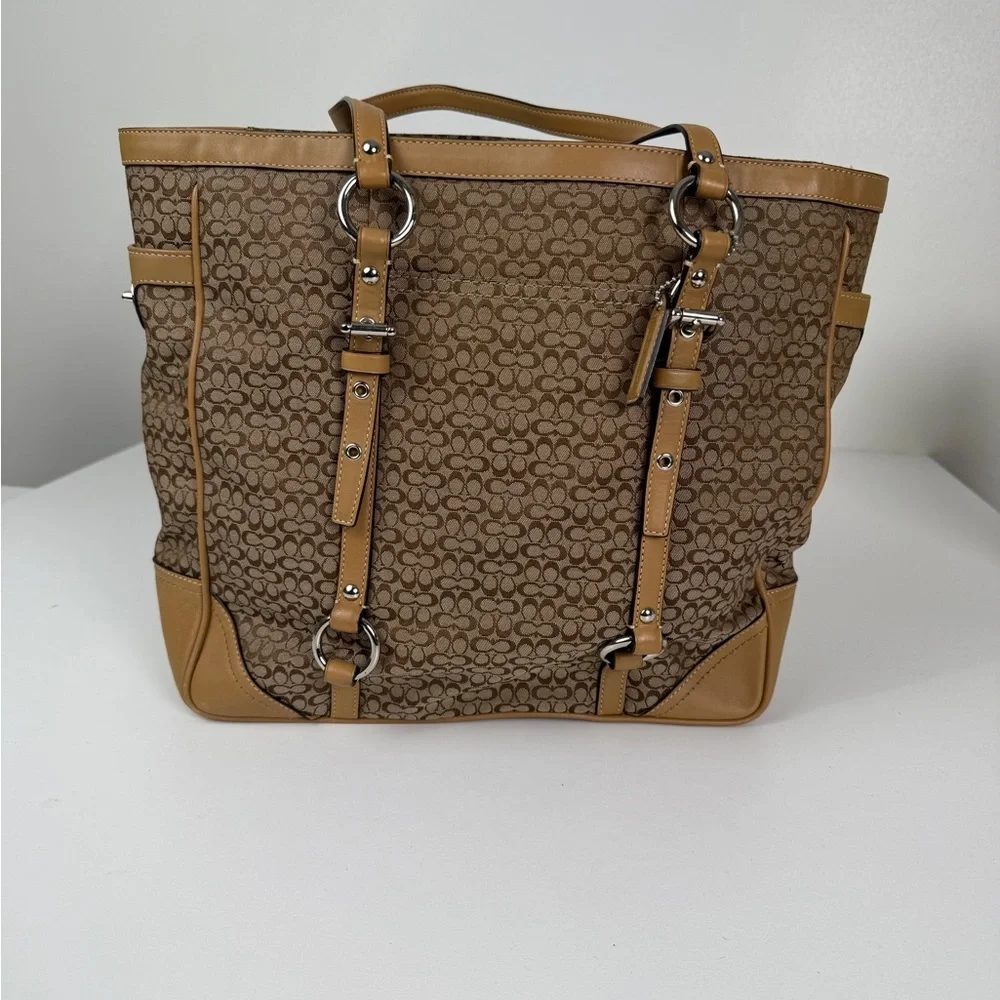 Coach Signature Brown Canvas & Tan Leather Tote Bag | Classic Logo - Picture 2 of 4